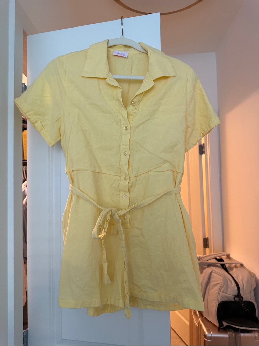 Pink Lily Yellow Button-Front Tie-Waist Mini Dress